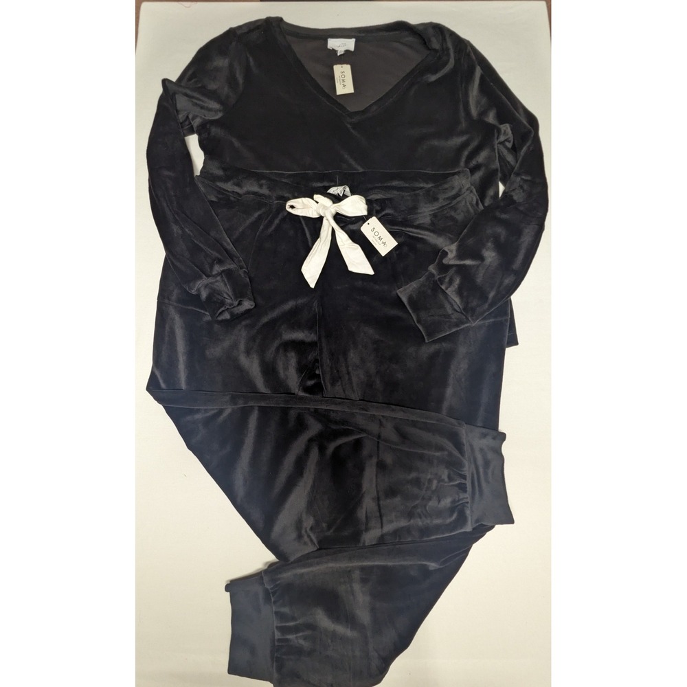 Soma Intimates Velour Lounge Set Black V-Neck Top Jogger Pants NWT Large